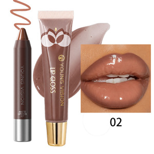 Ensemble de 2 pièces de haute qualité avec logo personnalisé : Rouge à lèvres mat chocolat, crayon à lèvres et huile à lèvres pour un maquillage dégradé superposé - Product Image 1