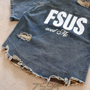 Streetwear giacca <span class=keywords><strong>camicia</strong></span> di <span class=keywords><strong>Jeans</strong></span> a manica corta Vintage strappata e lavata <span class=keywords><strong>camicia</strong></span> personalizzata con orlo grezzo con orlo abbottonatura camicie in Denim da <span class=keywords><strong>uomo</strong></span> - Product Image 4