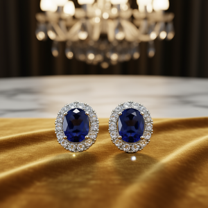 Boucles d'oreilles en or blanc saphir taille ovale avec halo de diamants, classiques pour femme, certifiées GIA - Product Image 2