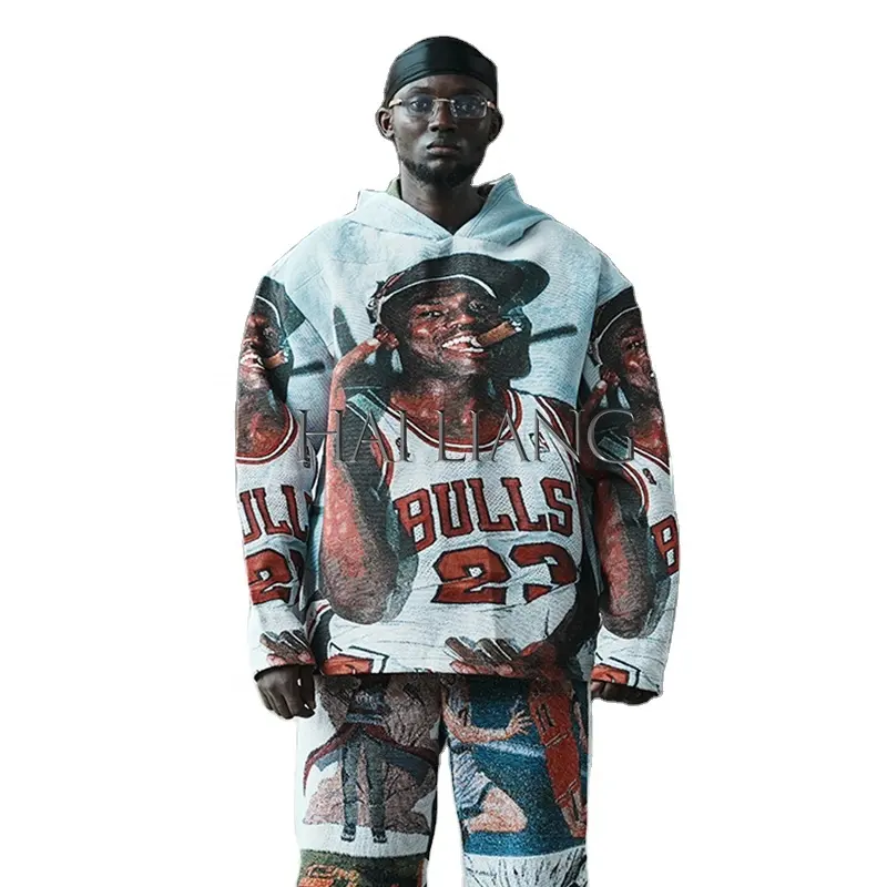 Özel yüksek çözünürlüklü görüntü portre goblen Hoodie jakarlı dokuma Tapisserie Hip Hop pamuklu kapüşonlar hiçbir dizeleri Unisex