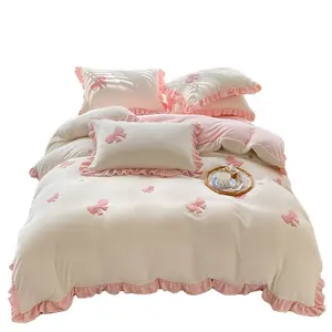 KOREAN New Release Winter Milk Velvet Towel Embroidery Four-piece Bedding Sets Fitted Bedsheet Comforter Set Cartoon Woven 1 Set