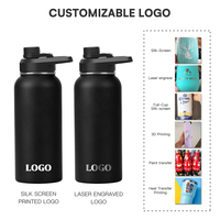 Bouteille d'eau personnalisée 32oz, isotherme pour boissons chaudes et froides, en acier inoxydable, avec paille et brosse