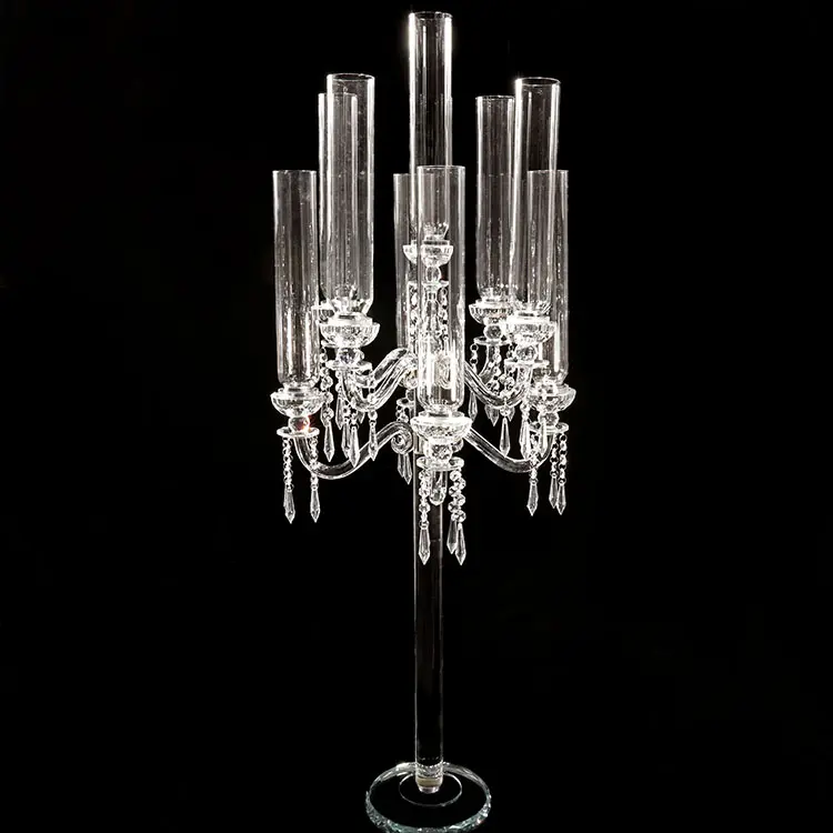 Grosir 9 Lengan Kristal Candelabra dengan Kaca Badai Pernikahan Dekorasi Meja Kristal