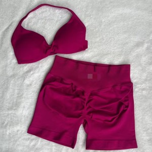 Conjunto de Yoga Sin Costuras: Sujetador Deportivo Halter con Recortes y <span class=keywords><strong>Shorts</strong></span> de Ciclismo de Cintura Alta Acanalados, Conjunto de 2 Piezas para Entrenamiento, Colores Vibrantes, para Gimnasio y Fitness - Product Image 2