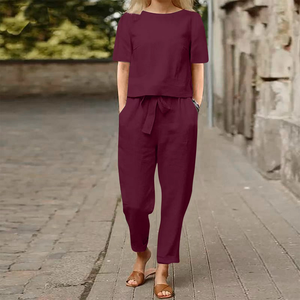 <span class=keywords><strong>Ensemble</strong></span> décontracté 2 pièces en coton et lin 2026 – Haut ample à col rond et pantalon long à la cheville de couleur unie pour <span class=keywords><strong>femme</strong></span> – Vente en gros pour usage quotidien - Product Image 5