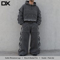 Ensemble sweat à capuche gris personnalisé style gothique avec strass et motif épine de vigne et pantalon de survêtement large en molleton 480 g/m² pour fabricants OEM ODM