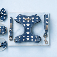 Ensemble Harnais et Laisse pour Chien en Jean Personnalisable OEM ODM avec Logo, Réglable, Respirant, Rembourré, Anti-Traction, Collier Imprimé, Gilet pour Chiot, Vente en Gros
