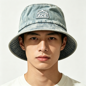 หมวกบักเก็ตยีนส์วินเทจแบบฟอกสี  ยูนิเซ็กส์  ตกแต่งด้วยแผ่นซิลิโคน ACE Mountain ปีกกว้าง  หมวกกันแดดสำหรับกิจกรรมกลางแจ้ง  ผ้าฝ้ายลายขาดสไตล์ชาวประมง - Product Image 1
