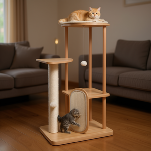 Torre para gatos moderna de varios niveles con rascador y poste, árbol para gatos premium para gatos de interior, 4 niveles, madera beige - Product Image 2