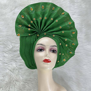 Prix usine perlé femmes rouge Auto Gele fête africaine Headtie Aso Oke avec des pierres pour la fête de désherbage - Product Image 4