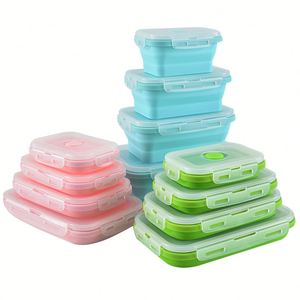 กล่องอาหารพับได้ ปลอดสาร BPA ใช้กับไมโครเวฟได้ ป้องกันการรั่วซึม กล่องซิลิโคนพับเก็บได้ ชุดกล่องเบนโตะ - Product Image 1