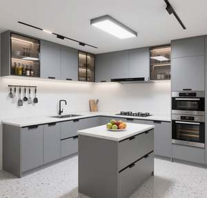 Gabinetes de Cocina Modernos en Forma de U SANTOPOVA en Gris con Encimera de Cuarzo Blanco y Electrodomésticos Integrados - Product Image 3