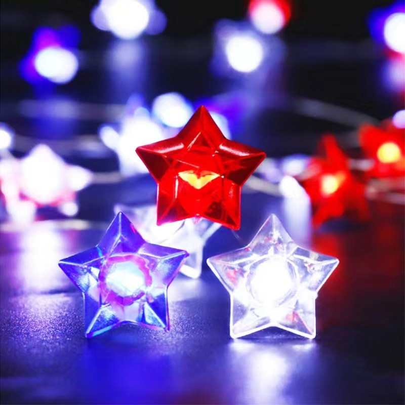 American-style P.S. String Lights with Red Blue White Five-pointed Stars IP43 Waterproof Remote Control LED Battery Operated