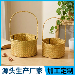 Rattan Hand-woven <b>Basket</b> Circle Shape With Handle For Dried Flowers Gift Storage Bamboo Grass Woven Plant <b>Basket</b> - Product Image 5