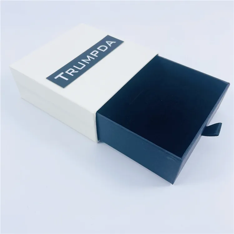 Coffret cadeau à tiroir coulissant en papier blanc noir avec logo personnalisé parure de bijoux emballage avec traction de ruban en mousse de velours recyclable