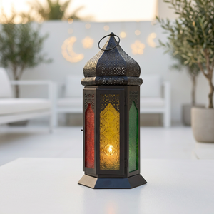 Décorations du Ramadan 2027, lanterne à bougie marocaine en métal noir avec verre coloré pour la maison et les événements - Product Image 2