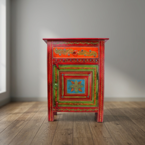 Handcrafted Indian Hand-Painted Wooden <b>Bedside</b> Cabinet | Eco-Friendly Modern <b>Antique</b> 1-Drawer 1-Door Nightstand Clothing Shoes - Product Image 3