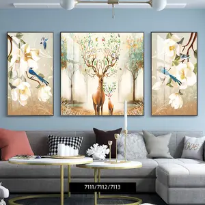 Yeni tasarım İskandinav Modern duvar sanatı boyama organik cam 3 panel sevimli geyik kristal porselen boyama ev dekor için