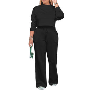 Conjunto de Pantalones de Punto de Color Sólido para Mujer con Top Corto y Corte Regular, Hecho de Mezcla de Algodón, Cómodo para el Uso Diario - Product Image 1