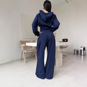 Completo da <span class=keywords><strong>donna</strong></span> primaverile casual in tinta unita con felpa con cappuccio e zip, pantaloni lunghi larghi con coulisse in vita, 2 pezzi, 100% nylon - Product Image 5