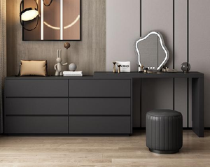 Escritorio minimalista moderno Mesa de maquillaje integrada Dormitorio Tocador de esquina de madera móvil con espejo y taburete - Product Image 6