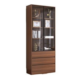 <b>Solid</b> <b>Wood</b> <b>Bookcase</b> Floor Standing Walnut Color Glass Door Display Cabinet Storage Cabinet For Small Apartment - Product Image 5