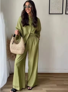 ZEVITY 女式休闲纯色衬衫裤套装宽松长袖翻领衬衫弹力腰阔腿裤办公室女士套装 - Product Image 6