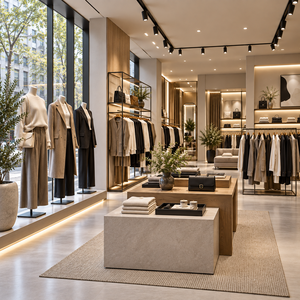 Estantes de Exhibición Creativos con Luces LED para Tiendas de Ropa, Diseño Ecológico y Resistente para Decoración Interior de Comercios - Product Image 1