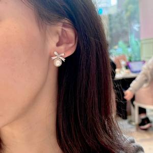 S925 Sterling Silver Bow Zircon <b>Pearl</b> <b>Earrings</b> Niche French Luxury Design Retro Elegant for Women - Product Image 2