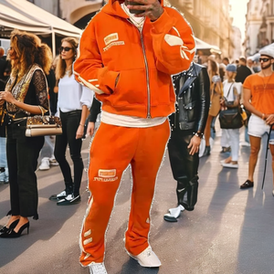 Conjunto Deportivo de Invierno 100% Algodón, Estilo Urbano, Lavado Ácido, Sudadera con Cremallera, Pantalones Deportivos Acampanados con Parches Desgastados para Hombre - Product Image 2