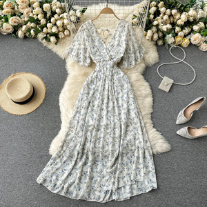 Bdbh-Seaside Vacation Dress, novedad de verano <span class=keywords><strong>2022</strong></span>, vestido Sexy con cuello en V, cintura ajustada, largo, de gasa, Floral, para playa - Product Image 4