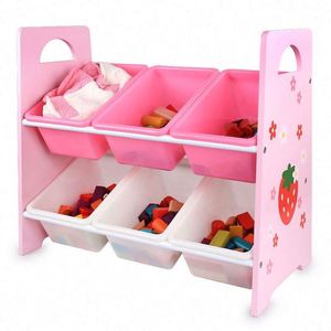 Kids Playroom Store Toys <b>Pink</b> Natural Wood Durable Toy Storage Organizer With 6 Removable Plastic Bins - Product Image 4