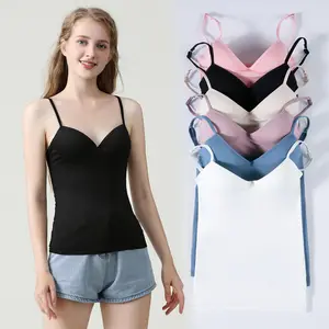 Women Modal Tank Tops Base Shirt Vest with Breast Pad Wireless Bra Slim Soft Lady Girls Clothing Casual Underwear Strap Vest