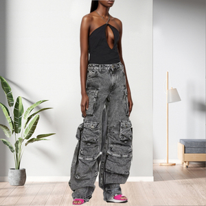 High Quality Washed Denim Patchwork Pockets Wide Leg Women's Breathable Jeans Fashion - Product Image 3
