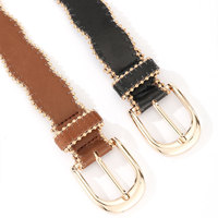 Ceinture en cuir PU JULUN pour femme, ceinture dorée avec bordure perlée cousue à la main, boucle ardillon dorée élégante et classique pour le quotidien