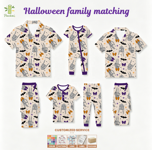 Pigiami Coordinati per Famiglia in Morbida Viscosa di Bambù, Set con Stampa Teschio di Halloween per Uomini, Donne e Bambini, con <span class=keywords><strong>Camicia</strong></span> Abbottonata - Product Image 1