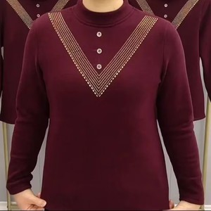 Women's Knit <b>Top</b> Coffee Color Rhinestone V-Neck Long Sleeve Soft Warm Base <b>Layer</b> Slim Fit Autumn Winter Wear - Product Image 4