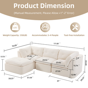 Modern Cloud-style L-shaped <b>Frame</b>-free Sofa Ottoman Convertible Modular Sectional Chenille Fabric Oversized Comfortable - Product Image 6