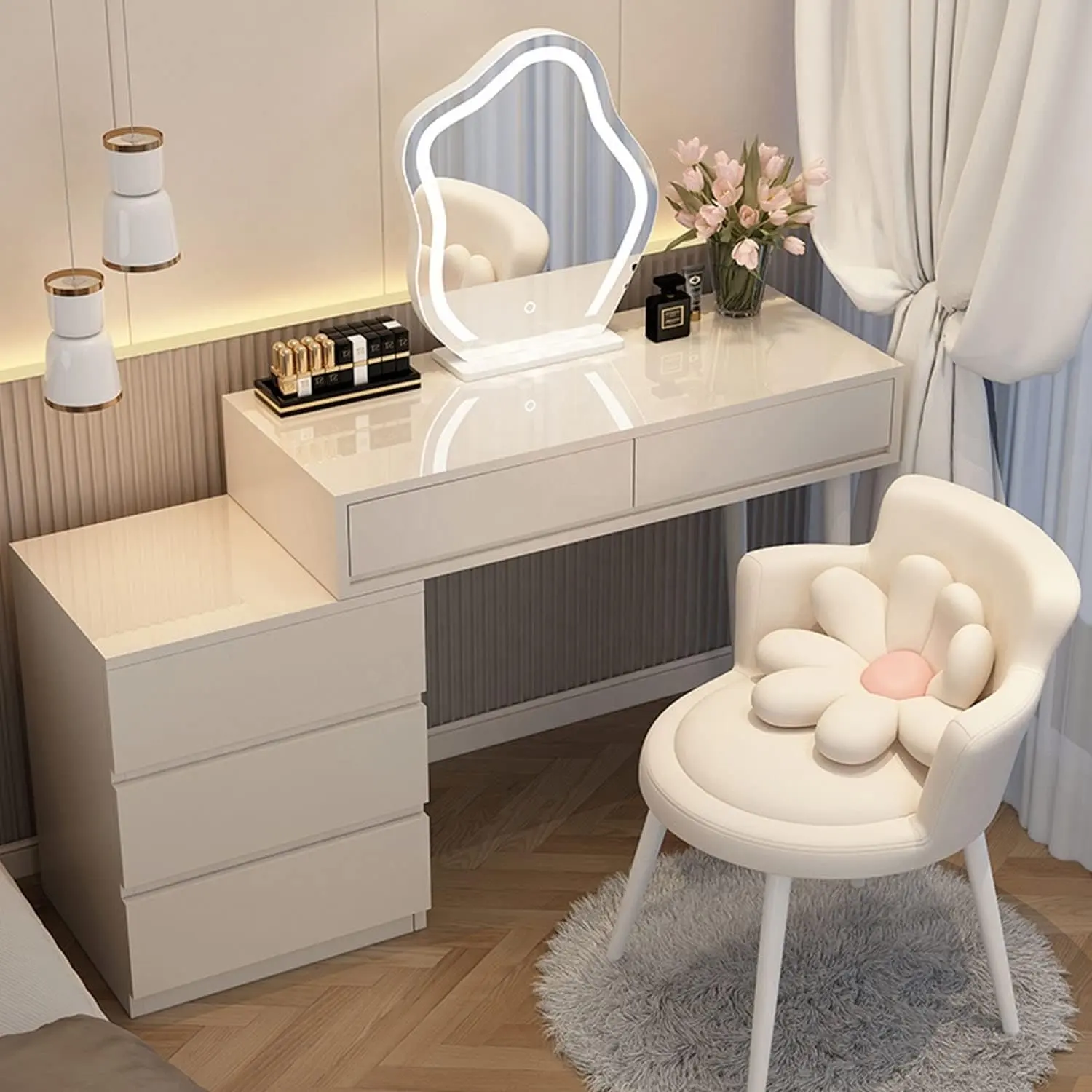 NOVA Nordique Moderne Appartement Chambre Ardoise Top Commode Tables Avec Led Miroir Blanc Maquillage Vanité Table + Tabouret Rond