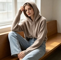 Pull à capuche en tricot côtelé doux pour femme, pull ample à manches longues avec cordon de serrage, pull décontracté chaud pour l'automne et l'hiver