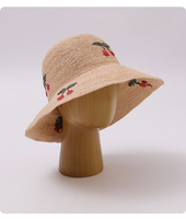 Sombrero de Paja Natural para Mujer, con Bordado de Cerezas, Estilo Crochet, Plegable, Estilo Japonés, para Playa, Verano