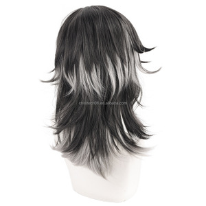 <span class=keywords><strong>Peluca</strong></span> de cosplay de Saint Da, el <span class=keywords><strong>Caballero</strong></span> de la Quinta Personalidad, con cola de lobo en degradado negro y gris en el cuero cabelludo - Product Image 3