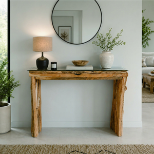 Console rustique en bois massif avec plateau en verre trempé, meuble d'entrée moderne fait main - Product Image 1