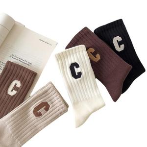 Crew <b>Socks</b> <b>Men</b> Cotton Knitted Letter C Print Solid Color Daily Wear Autumn Season Standard <b>Thickness</b> - Product Image 2