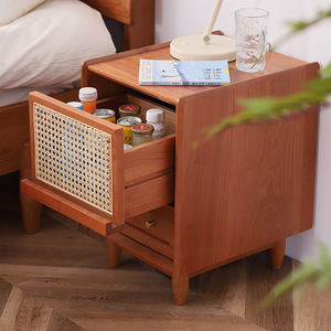 North American Cherry Wood Nightstand With Rattan <b>Drawer</b> Modern Minimalist Bedroom Furniture Eco Friendly Solid Wood Storage - Product Image 2