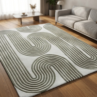 Alfombra Hecha a Mano en Color Verde Oliva y Blanco, Antideslizante, Ecológica, de Pelo Largo, Moderna, para Sala de Estar