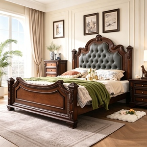 Traditional Queen Size Upholstered Wooden Bed with Genuine Leather Headboard and Carved Frame - Product Image 2