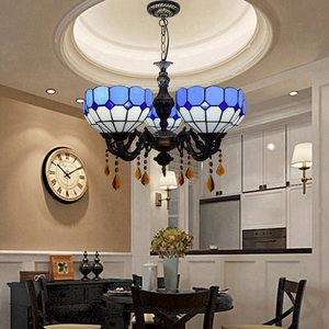 Tiffany Baroque Style Chandelier Light Blue Stained <strong>Glass</strong> <strong>LampShade</strong> 5 Lights <strong>Pendant</strong> Light for Living Room Bedroom Hotel - Product Image 3