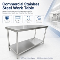 Table de préparation en acier inoxydable robuste pour restaurant, table de travail à base ouverte avec étagère de rangement pour cuisine commerciale d'hôtel