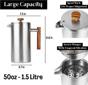 Cafetière à piston en acier inoxydable 304 à double paroi avec poignée en bois, personnalisable avec logo, très vendue - Product Image 3